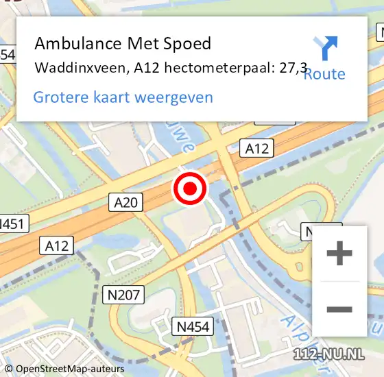 Locatie op kaart van de 112 melding: Ambulance Met Spoed Naar Waddinxveen, A12 hectometerpaal: 27,3 op 12 juli 2024 13:09