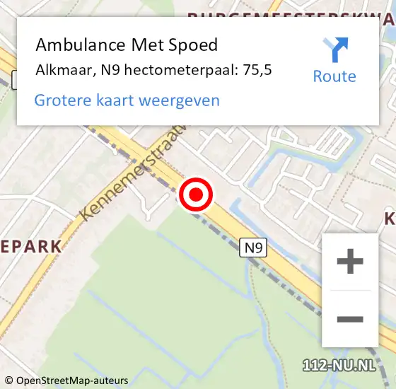 Locatie op kaart van de 112 melding: Ambulance Met Spoed Naar Alkmaar, N9 hectometerpaal: 75,5 op 12 juli 2024 13:17