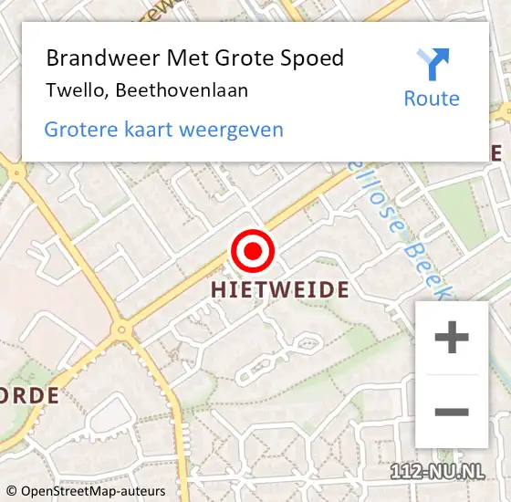 Locatie op kaart van de 112 melding: Brandweer Met Grote Spoed Naar Twello, Beethovenlaan op 12 juli 2024 13:30