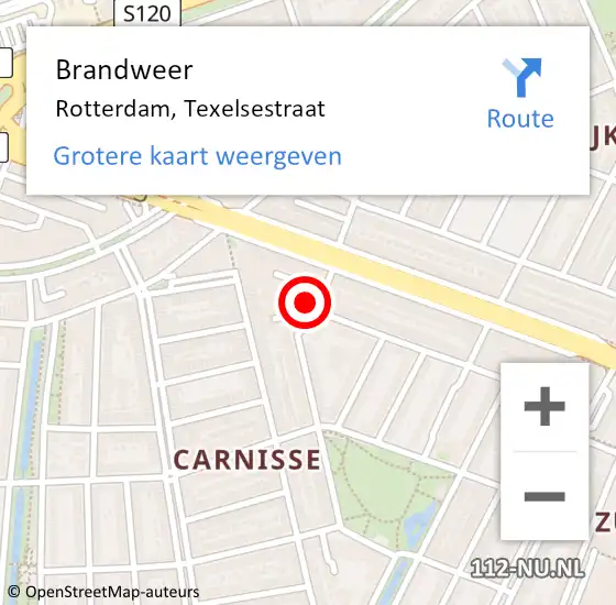 Locatie op kaart van de 112 melding: Brandweer Rotterdam, Texelsestraat op 12 juli 2024 13:30