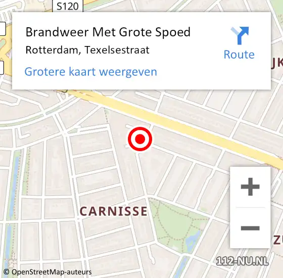 Locatie op kaart van de 112 melding: Brandweer Met Grote Spoed Naar Rotterdam, Texelsestraat op 12 juli 2024 13:30