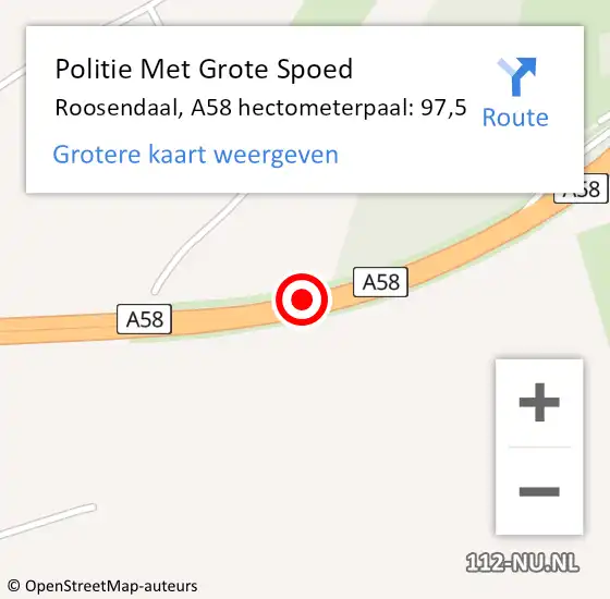 Locatie op kaart van de 112 melding: Politie Met Grote Spoed Naar Roosendaal, A58 hectometerpaal: 97,5 op 12 juli 2024 13:30