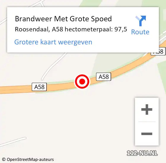 Locatie op kaart van de 112 melding: Brandweer Met Grote Spoed Naar Roosendaal, A58 hectometerpaal: 97,5 op 12 juli 2024 13:30
