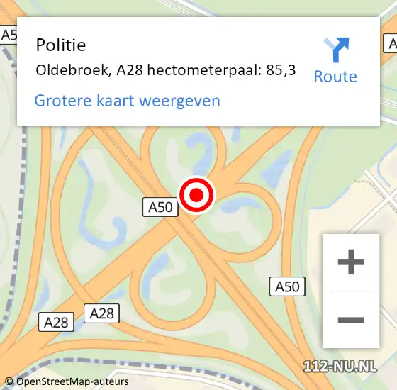 Locatie op kaart van de 112 melding: Politie Oldebroek, A28 hectometerpaal: 85,3 op 12 juli 2024 16:18