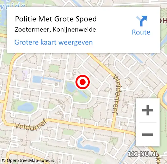 Locatie op kaart van de 112 melding: Politie Met Grote Spoed Naar Zoetermeer, Konijnenweide op 12 juli 2024 16:48