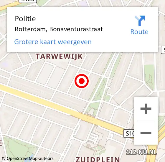 Locatie op kaart van de 112 melding: Politie Rotterdam, Bonaventurastraat op 12 juli 2024 17:09