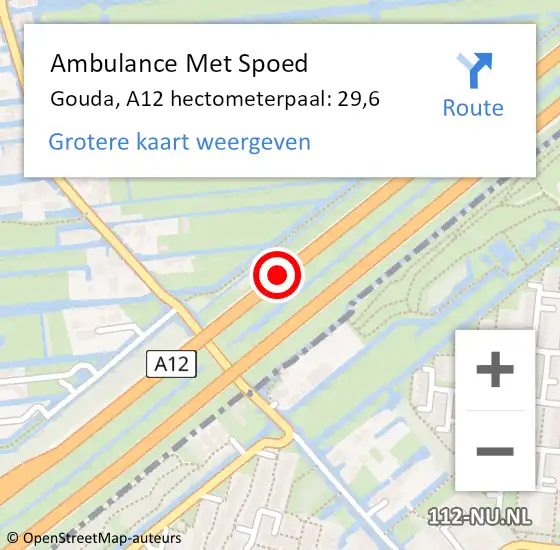 Locatie op kaart van de 112 melding: Ambulance Met Spoed Naar Gouda, A12 hectometerpaal: 29,6 op 12 juli 2024 17:28