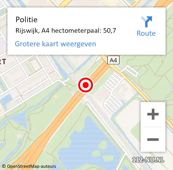 Locatie op kaart van de 112 melding: Politie Rijswijk, A4 hectometerpaal: 50,7 op 12 juli 2024 17:33