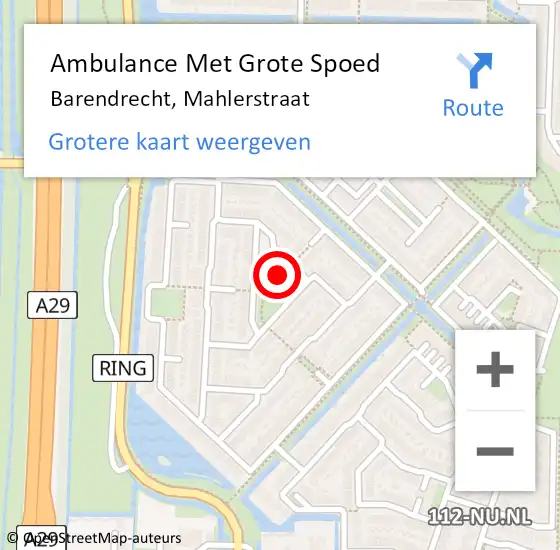 Locatie op kaart van de 112 melding: Ambulance Met Grote Spoed Naar Barendrecht, Mahlerstraat op 12 juli 2024 17:36