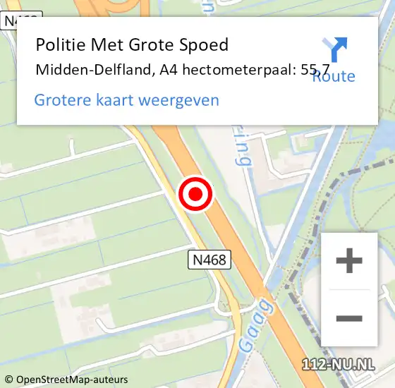 Locatie op kaart van de 112 melding: Politie Met Grote Spoed Naar Midden-Delfland, A4 hectometerpaal: 55,7 op 12 juli 2024 18:24