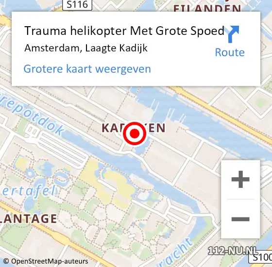 Locatie op kaart van de 112 melding: Trauma helikopter Met Grote Spoed Naar Amsterdam, Laagte Kadijk op 12 juli 2024 18:56