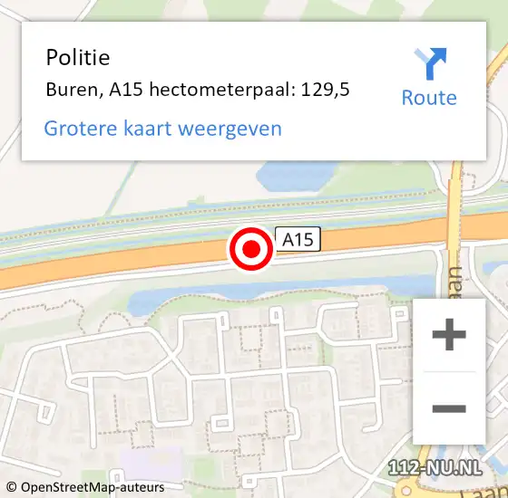 Locatie op kaart van de 112 melding: Politie Buren, A15 hectometerpaal: 129,5 op 12 juli 2024 20:03