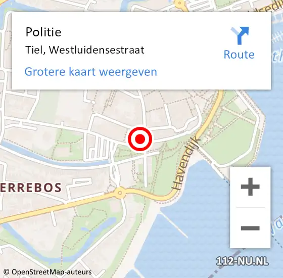 Locatie op kaart van de 112 melding: Politie Tiel, Westluidensestraat op 12 juli 2024 20:05