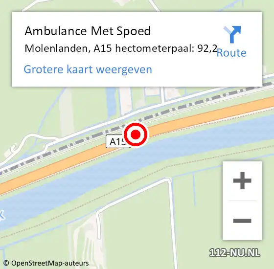 Locatie op kaart van de 112 melding: Ambulance Met Spoed Naar Molenlanden, A15 hectometerpaal: 92,2 op 13 juli 2024 00:55