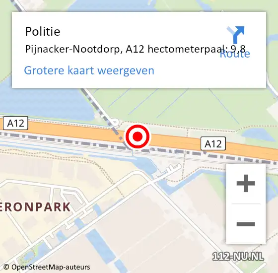 Locatie op kaart van de 112 melding: Politie Pijnacker-Nootdorp, A12 hectometerpaal: 9,8 op 13 juli 2024 02:38