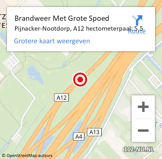 Locatie op kaart van de 112 melding: Brandweer Met Grote Spoed Naar Pijnacker-Nootdorp, A12 hectometerpaal: 5,5 op 13 juli 2024 02:48