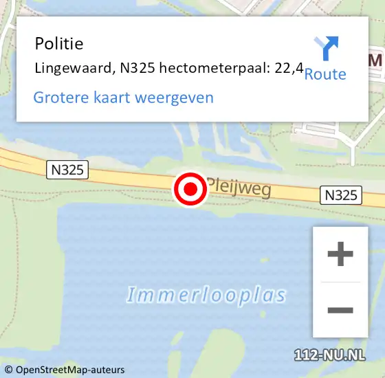 Locatie op kaart van de 112 melding: Politie Lingewaard, N325 hectometerpaal: 22,4 op 13 juli 2024 02:57