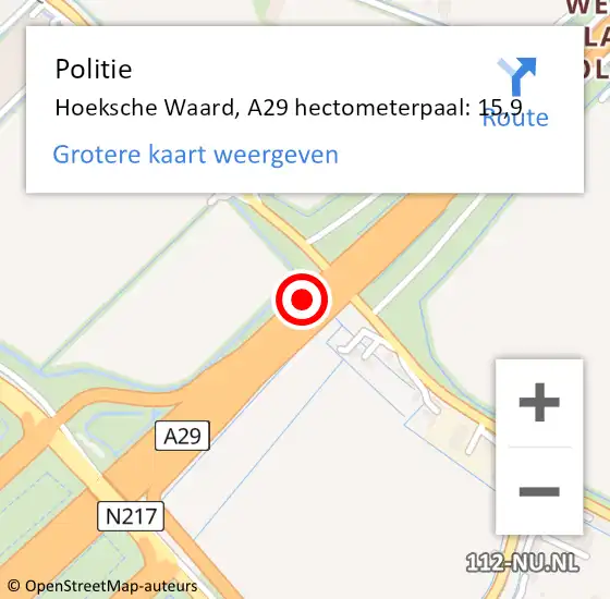 Locatie op kaart van de 112 melding: Politie Hoeksche Waard, A29 hectometerpaal: 15,9 op 13 juli 2024 04:45