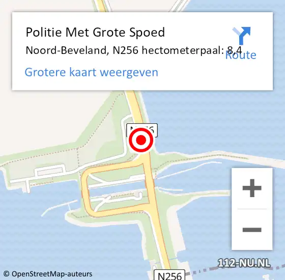 Locatie op kaart van de 112 melding: Politie Met Grote Spoed Naar Noord-Beveland, N256 hectometerpaal: 8,4 op 13 juli 2024 07:34