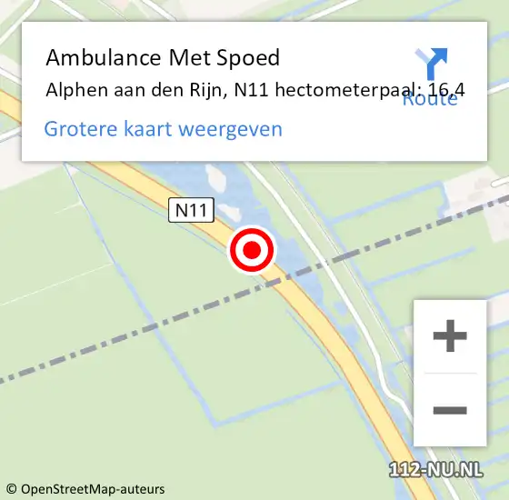 Locatie op kaart van de 112 melding: Ambulance Met Spoed Naar Alphen aan den Rijn, N11 hectometerpaal: 16,4 op 13 juli 2024 10:07