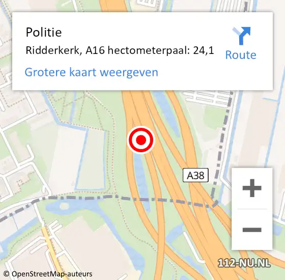 Locatie op kaart van de 112 melding: Politie Ridderkerk, A16 hectometerpaal: 24,1 op 13 juli 2024 12:46