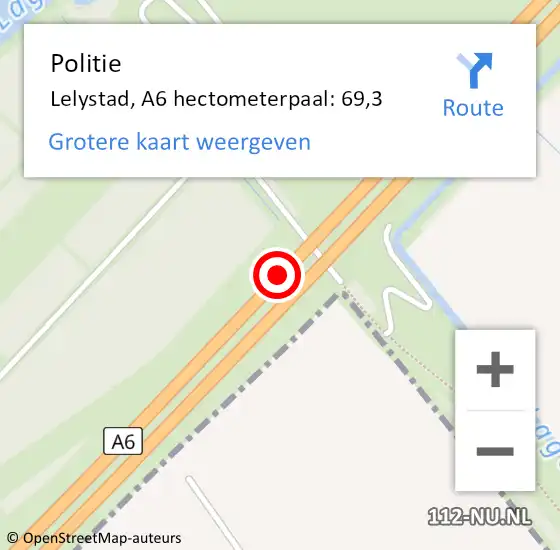 Locatie op kaart van de 112 melding: Politie Lelystad, A6 hectometerpaal: 69,3 op 13 juli 2024 13:25