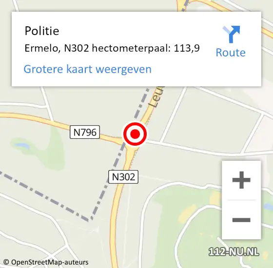 Locatie op kaart van de 112 melding: Politie Ermelo, N302 hectometerpaal: 113,9 op 13 juli 2024 13:47