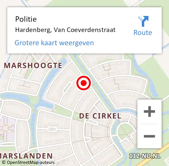 Locatie op kaart van de 112 melding: Politie Hardenberg, Van Coeverdenstraat op 13 juli 2024 13:58