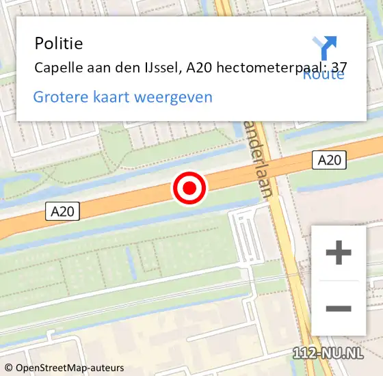 Locatie op kaart van de 112 melding: Politie Capelle aan den IJssel, A20 hectometerpaal: 37 op 13 juli 2024 14:14