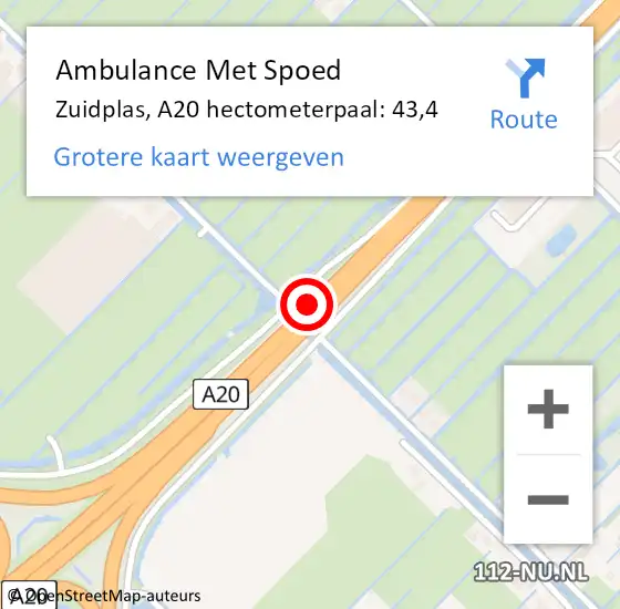 Locatie op kaart van de 112 melding: Ambulance Met Spoed Naar Zuidplas, A20 hectometerpaal: 43,4 op 13 juli 2024 15:01