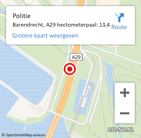 Locatie op kaart van de 112 melding: Politie Barendrecht, A29 hectometerpaal: 13,4 op 13 juli 2024 15:12