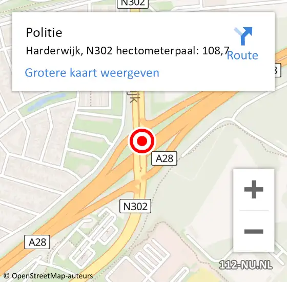 Locatie op kaart van de 112 melding: Politie Harderwijk, N302 hectometerpaal: 108,7 op 13 juli 2024 15:40