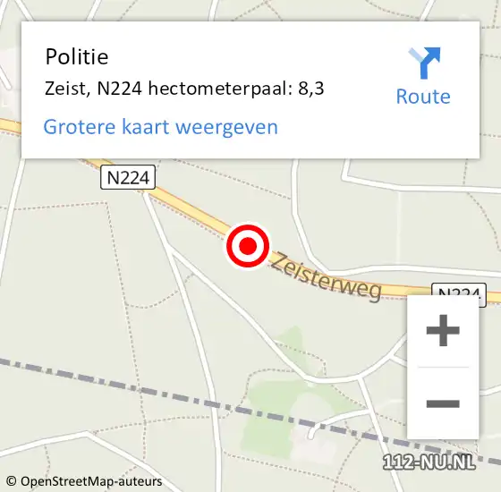 Locatie op kaart van de 112 melding: Politie Zeist, N224 hectometerpaal: 8,3 op 13 juli 2024 17:25