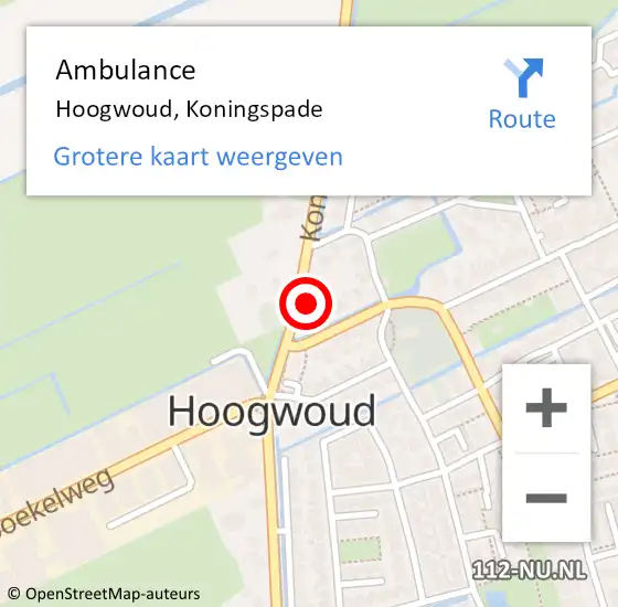 Locatie op kaart van de 112 melding: Ambulance Hoogwoud, Koningspade op 13 juli 2024 17:28