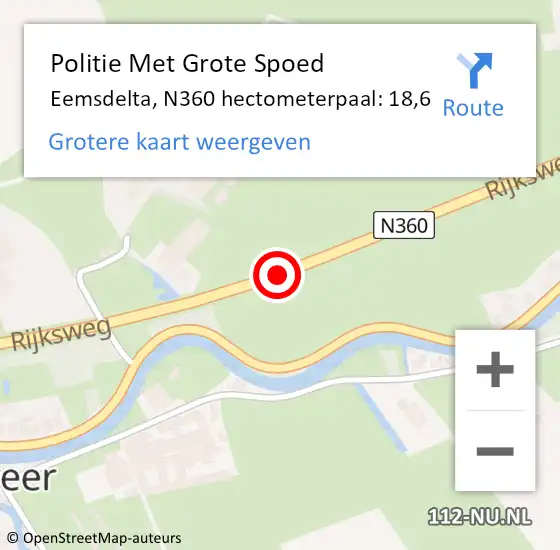 Locatie op kaart van de 112 melding: Politie Met Grote Spoed Naar Eemsdelta, N360 hectometerpaal: 18,6 op 13 juli 2024 17:28