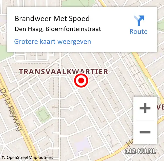 Locatie op kaart van de 112 melding: Brandweer Met Spoed Naar Den Haag, Bloemfonteinstraat op 13 juli 2024 17:36