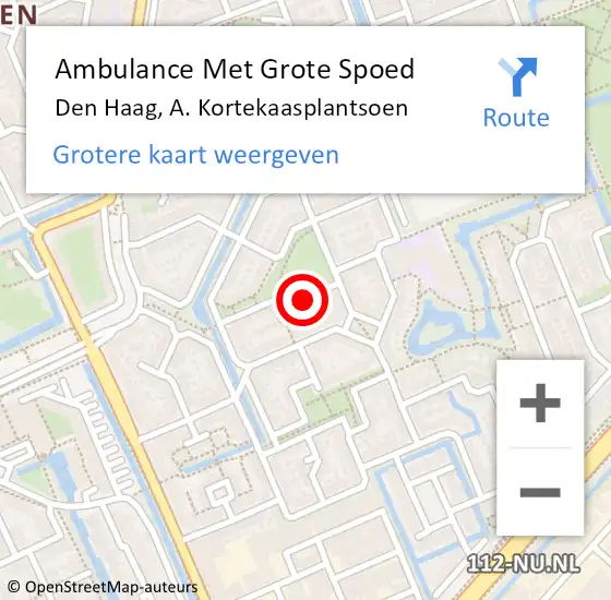 Locatie op kaart van de 112 melding: Ambulance Met Grote Spoed Naar Den Haag, A. Kortekaasplantsoen op 13 juli 2024 18:39