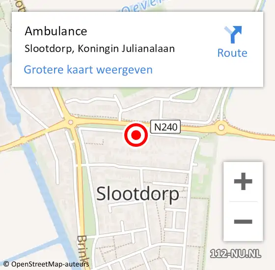 Locatie op kaart van de 112 melding: Ambulance Slootdorp, Koningin Julianalaan op 13 juli 2024 18:51