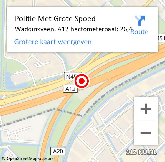 Locatie op kaart van de 112 melding: Politie Met Grote Spoed Naar Waddinxveen, A12 hectometerpaal: 26,4 op 13 juli 2024 19:14