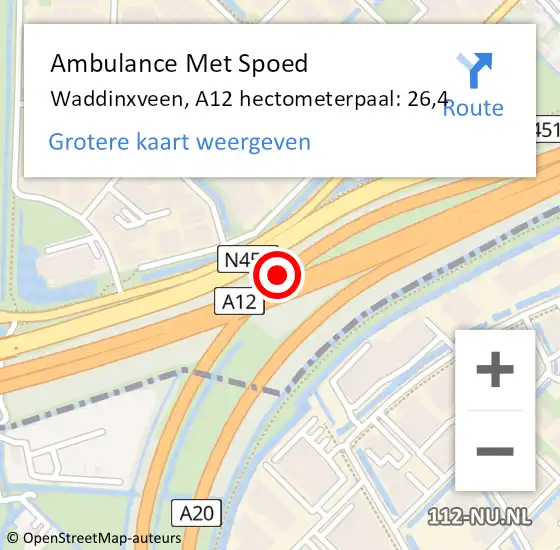 Locatie op kaart van de 112 melding: Ambulance Met Spoed Naar Waddinxveen, A12 hectometerpaal: 26,4 op 13 juli 2024 19:14