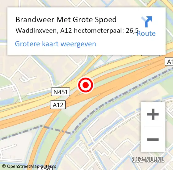 Locatie op kaart van de 112 melding: Brandweer Met Grote Spoed Naar Waddinxveen, A12 hectometerpaal: 26,5 op 13 juli 2024 19:20