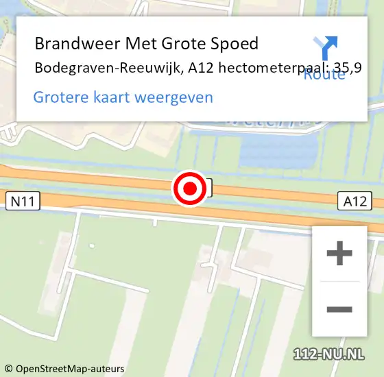 Locatie op kaart van de 112 melding: Brandweer Met Grote Spoed Naar Bodegraven-Reeuwijk, A12 hectometerpaal: 35,9 op 13 juli 2024 20:29