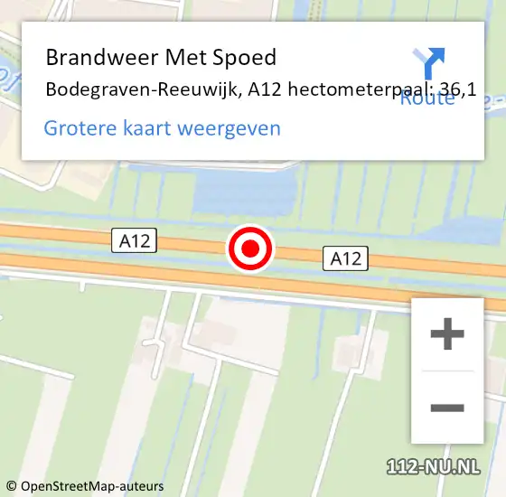 Locatie op kaart van de 112 melding: Brandweer Met Spoed Naar Bodegraven-Reeuwijk, A12 hectometerpaal: 36,1 op 13 juli 2024 20:35