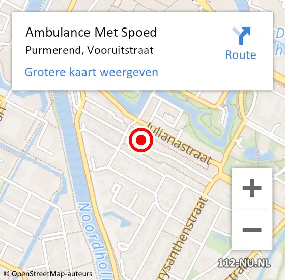 Locatie op kaart van de 112 melding: Ambulance Met Spoed Naar Purmerend, Vooruitstraat op 13 juli 2024 20:56