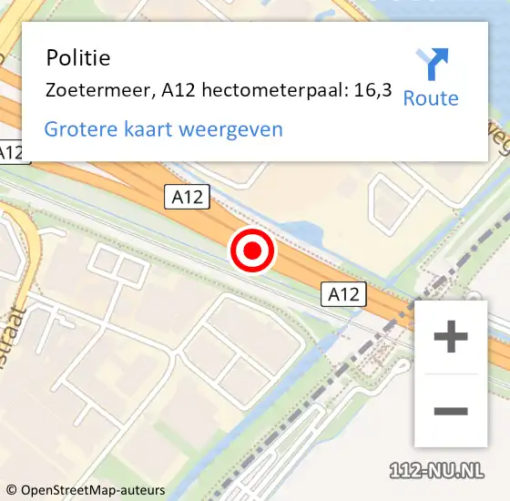 Locatie op kaart van de 112 melding: Politie Zoetermeer, A12 hectometerpaal: 16,3 op 13 juli 2024 21:08