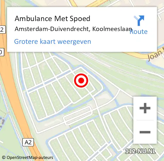 Locatie op kaart van de 112 melding: Ambulance Met Spoed Naar Amsterdam-Duivendrecht, Koolmeeslaan op 13 juli 2024 22:44