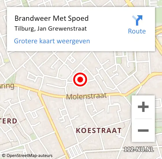 Locatie op kaart van de 112 melding: Brandweer Met Spoed Naar Tilburg, Jan Grewenstraat op 13 juli 2024 22:53