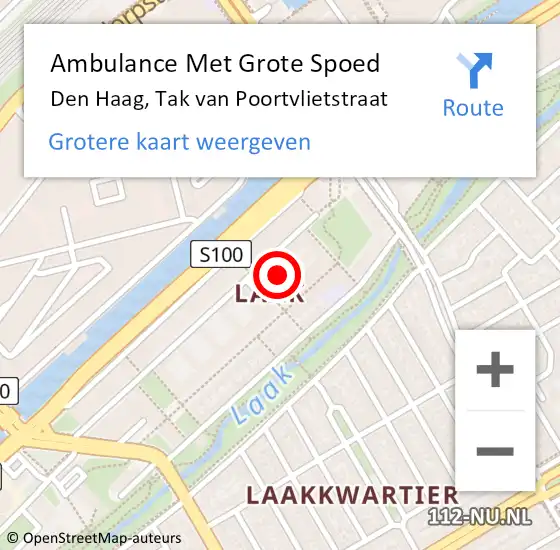 Locatie op kaart van de 112 melding: Ambulance Met Grote Spoed Naar Den Haag, Tak van Poortvlietstraat op 13 juli 2024 23:41