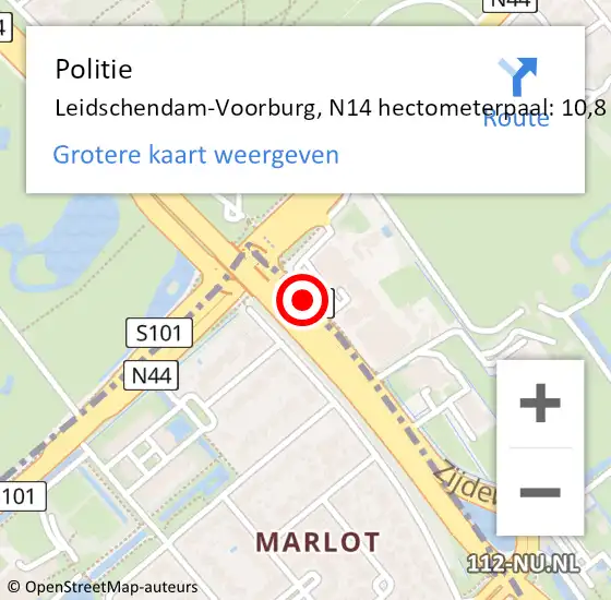 Locatie op kaart van de 112 melding: Politie Leidschendam-Voorburg, N14 hectometerpaal: 10,8 op 14 juli 2024 00:04