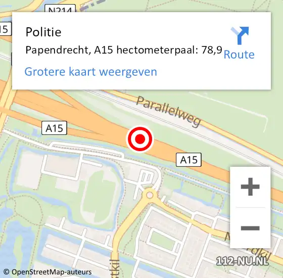Locatie op kaart van de 112 melding: Politie Papendrecht, A15 hectometerpaal: 78,9 op 14 juli 2024 00:31